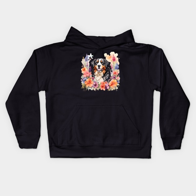 A bernese mountain dog decorated with beautiful watercolor flowers Kids Hoodie by CreativeSparkzz